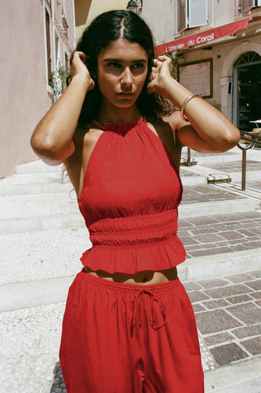 Cora Ruched Halter Top - Poppy