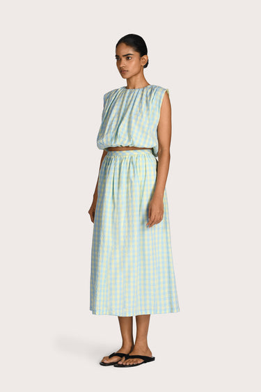 Elodie Gathered Top - Lemon Blue Check