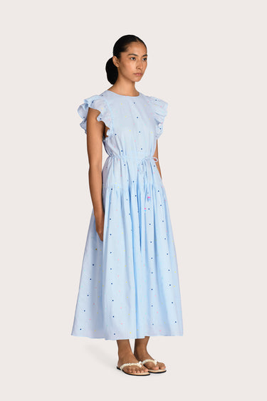 Isabelle Embroidered Flutter Sleeve Dress - Blue Flicker